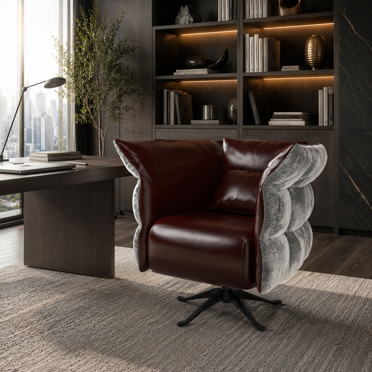 Burgundy Leather Armchair – Gray Sculpted Side Panels 3D Model 2