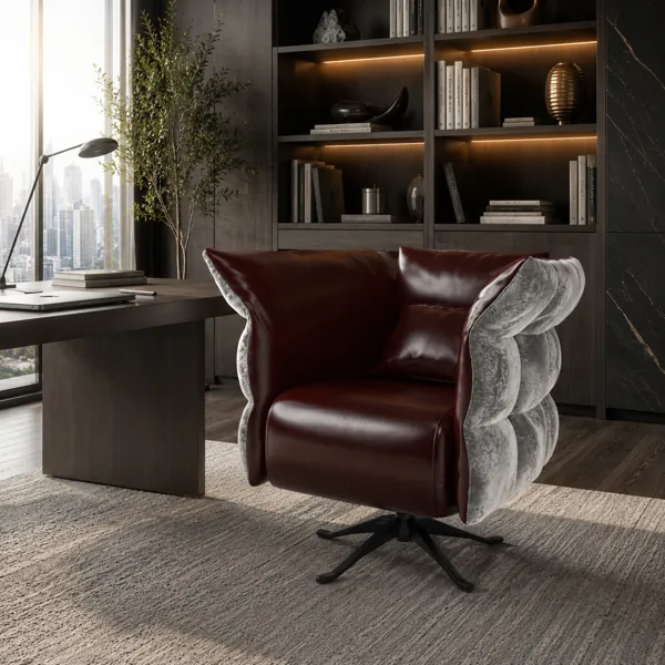 Burgundy Leather Armchair – Gray Sculpted Side Panels 3D Model back
