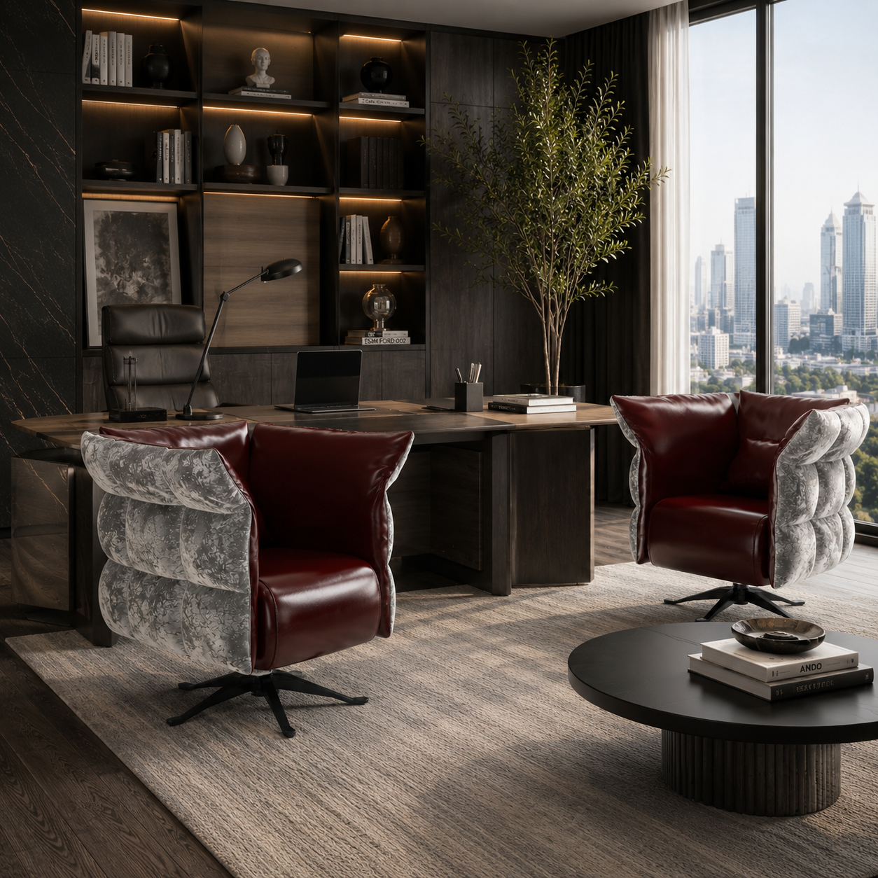 Burgundy Leather Armchair – Gray Sculpted Side Panels 3D Model 4