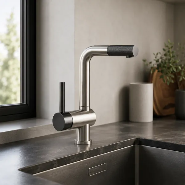 Gunmetal Kitchen Faucet – Knurled Cylindrical Spout 3D Model back