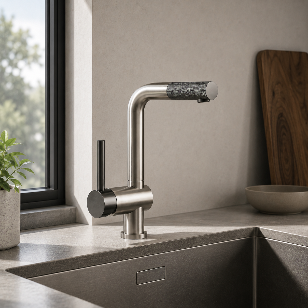 Gunmetal Kitchen Faucet – Knurled Cylindrical Spout 3D Model 3