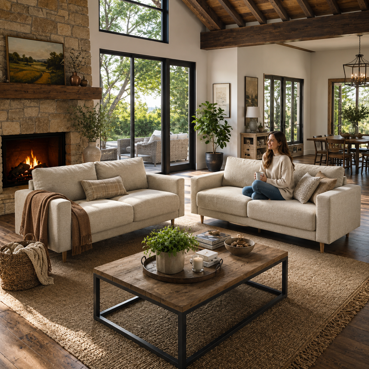 Warm Beige Two-Seat Sofa with Tapered Wood Legs 3D Model 2