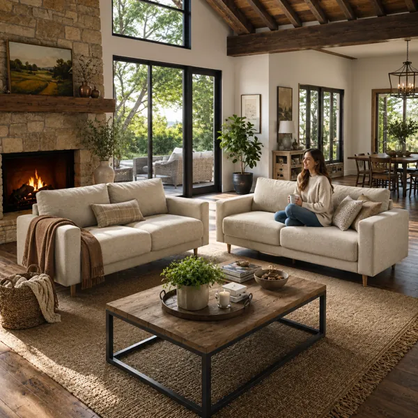 Warm Beige Two-Seat Sofa with Tapered Wood Legs 3D Model back