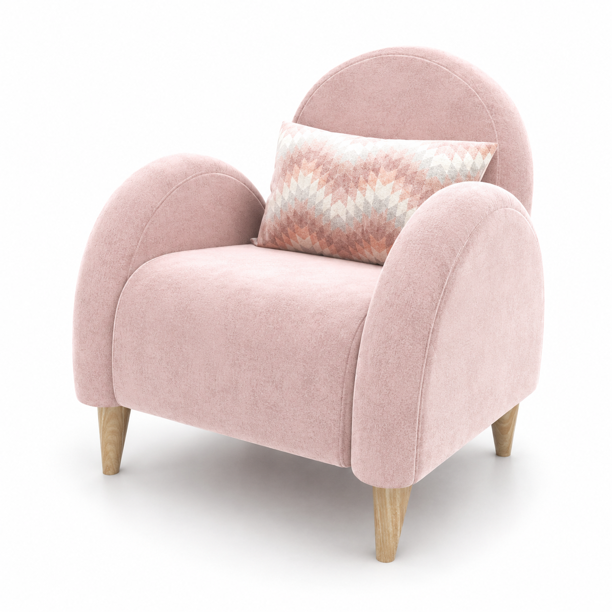 Blush Velvet Armchair – Rounded Arms & Patterned Cushion 3D Model 3