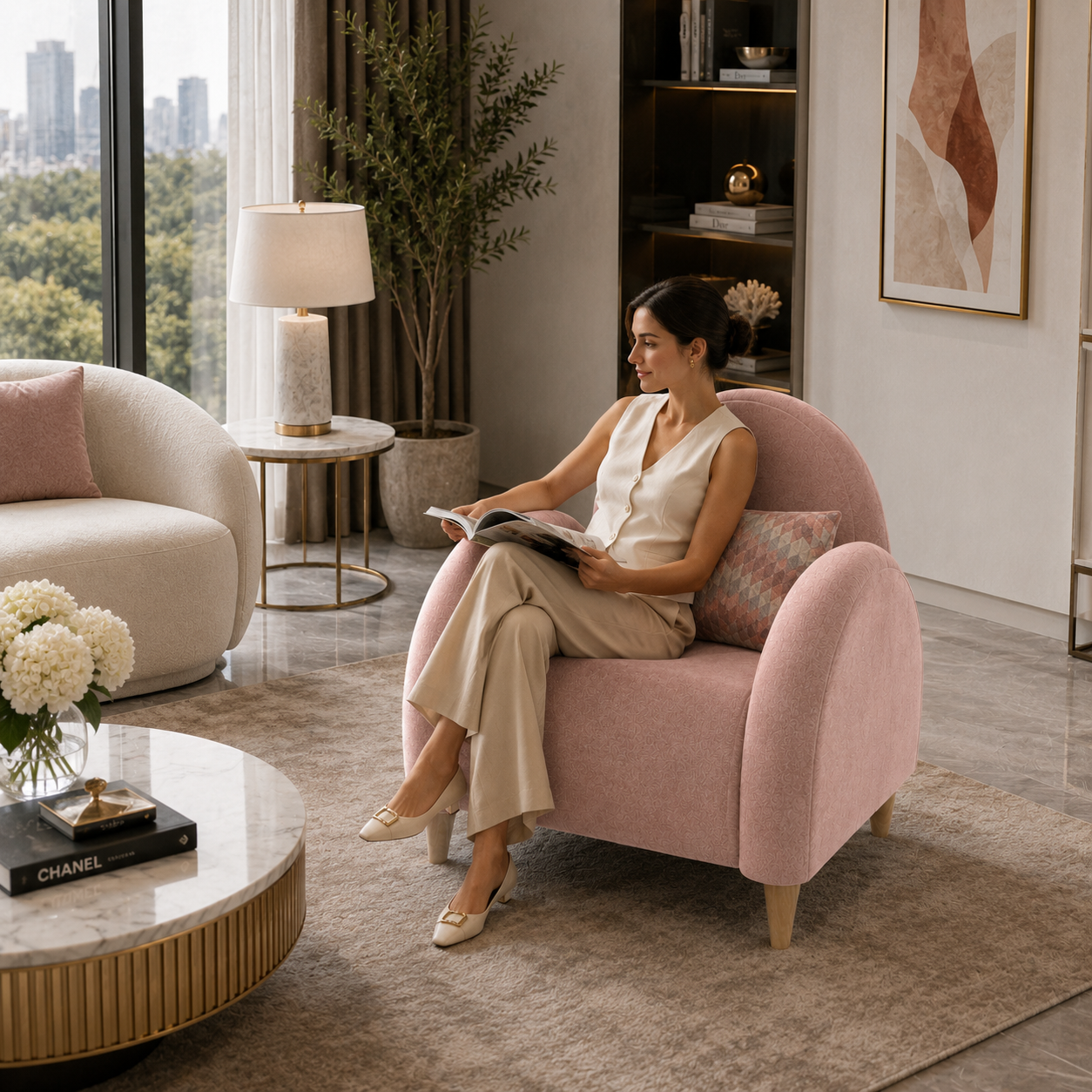 Blush Velvet Armchair – Rounded Arms & Patterned Cushion 3D Model 4