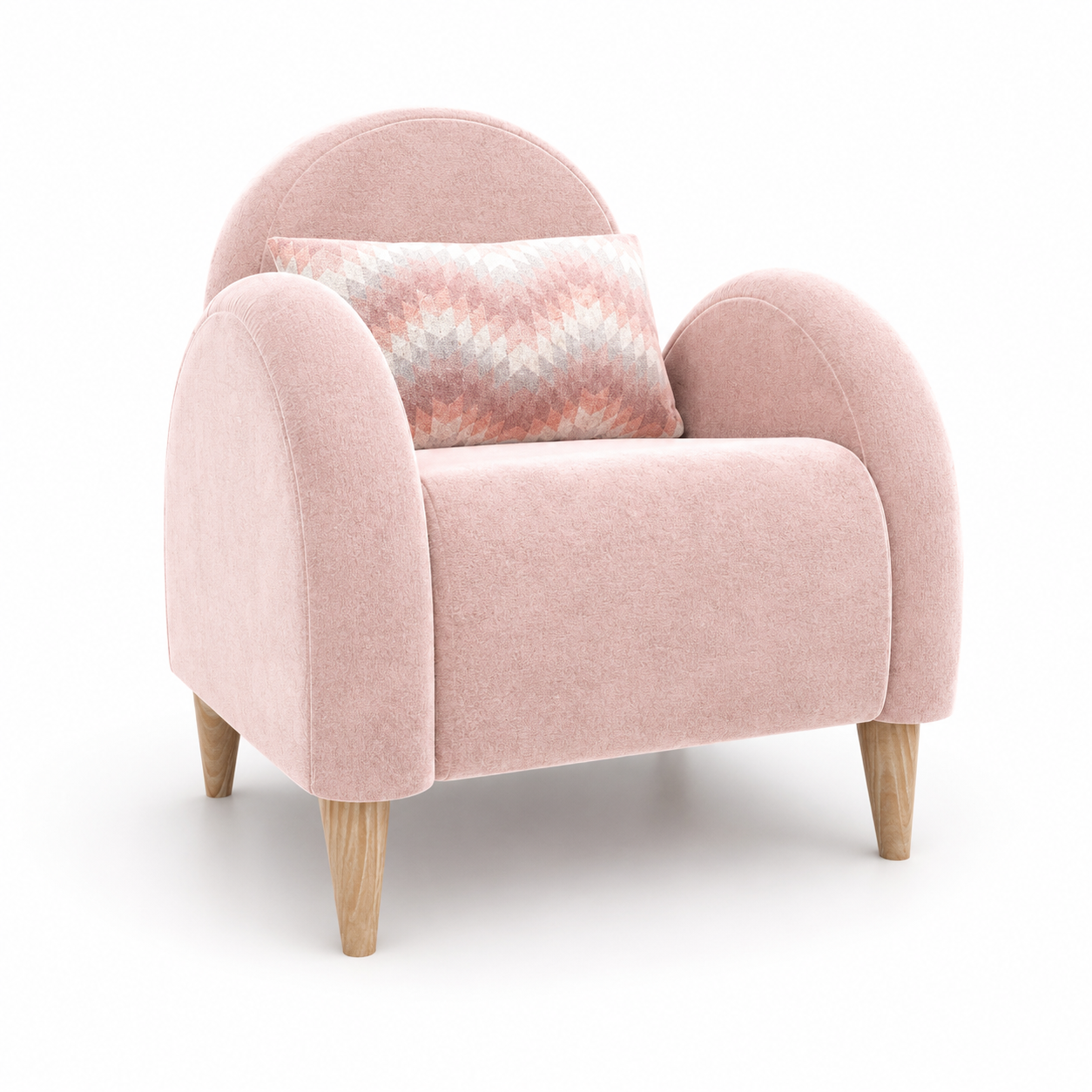 Blush Velvet Armchair – Rounded Arms & Patterned Cushion 3D Model 1