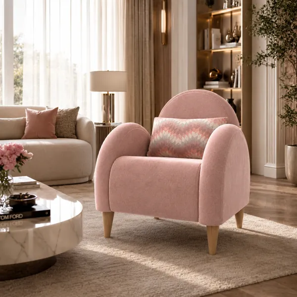Blush Velvet Armchair – Rounded Arms & Patterned Cushion 3D Model back