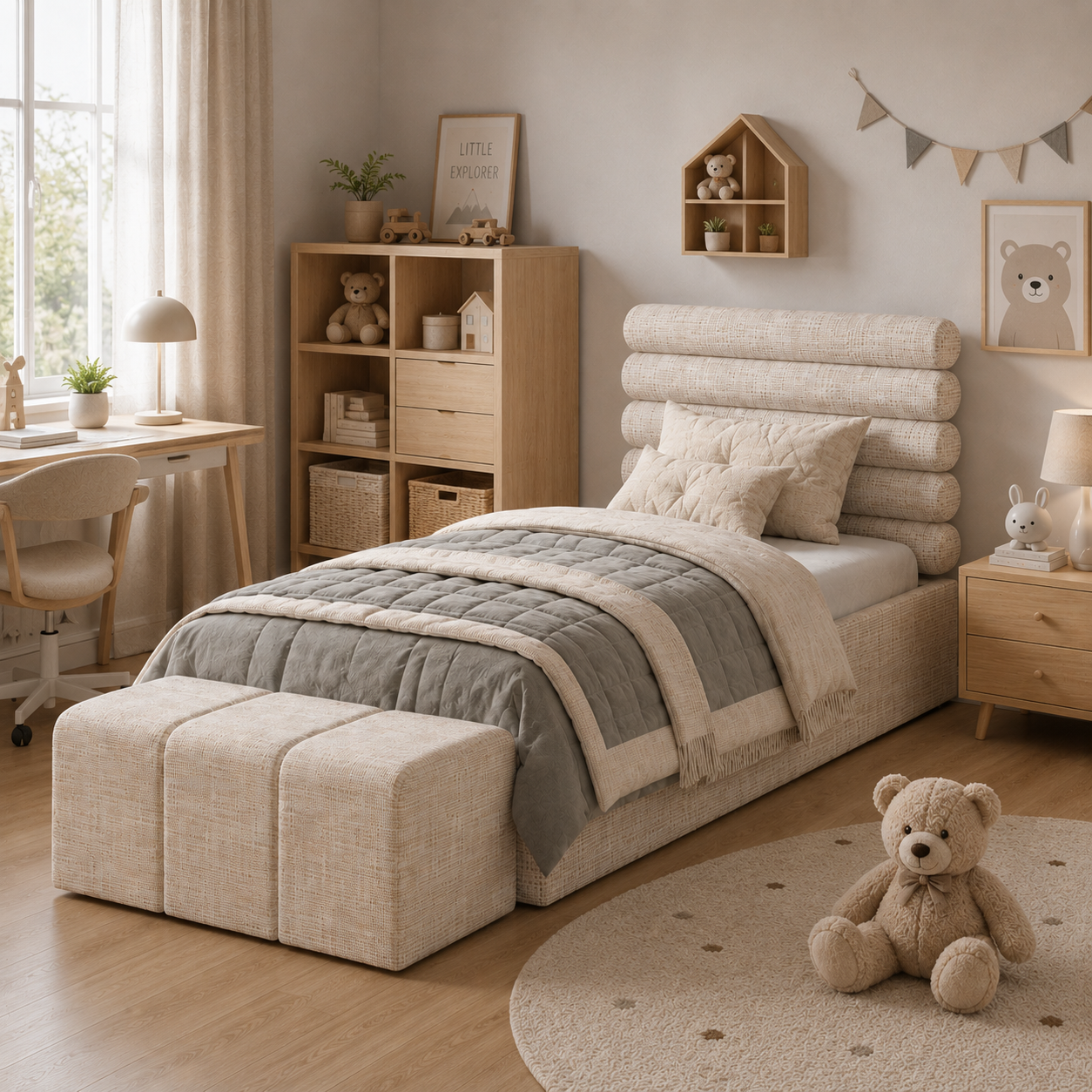Beige Upholstered Bed – Layered Bolster Headboard & Bench 3D Model 3