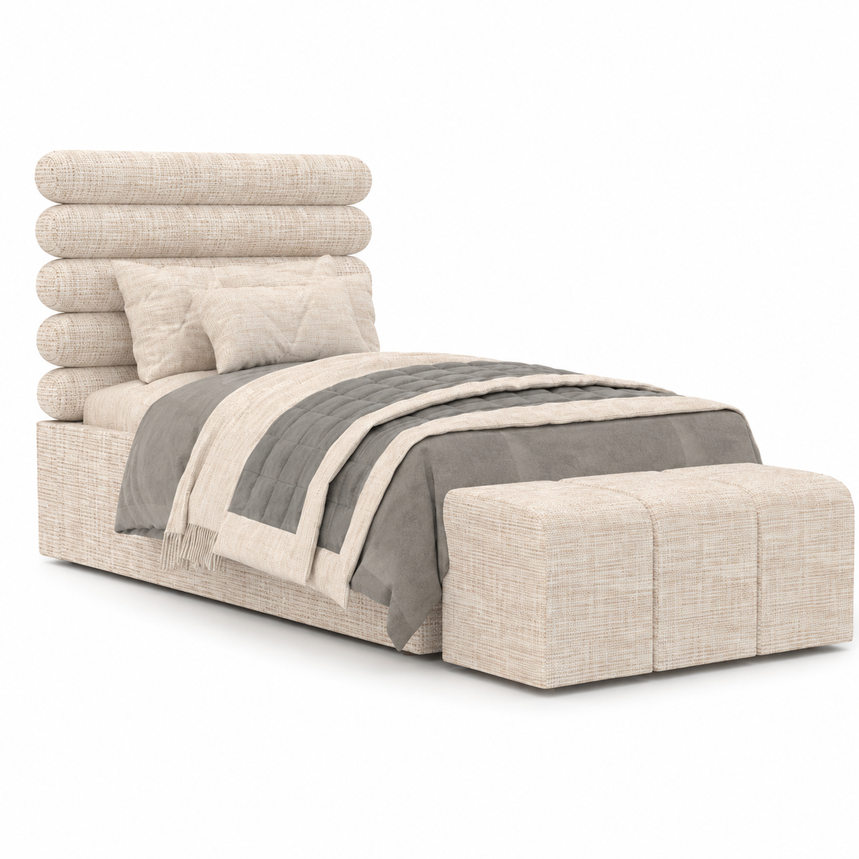 Beige Upholstered Bed – Layered Bolster Headboard & Bench 3D Model 1