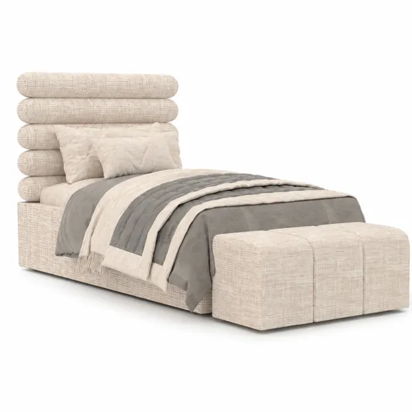 Beige Upholstered Bed – Layered Bolster Headboard & Bench 3D Model