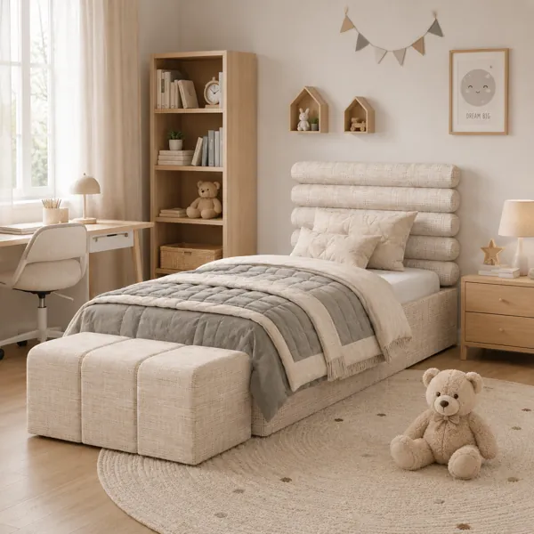 Beige Upholstered Bed – Layered Bolster Headboard & Bench 3D Model back