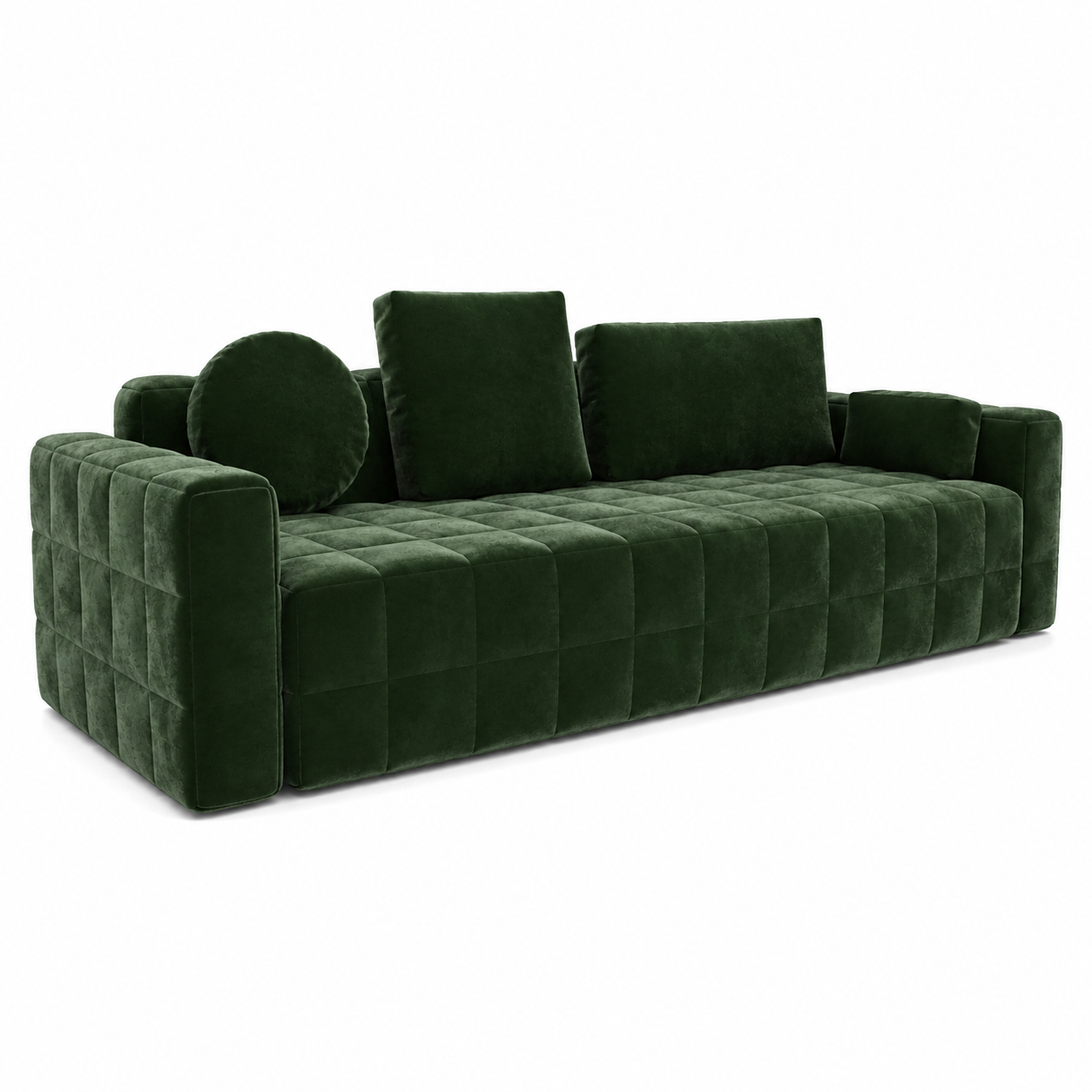 Deep Forest Green Velvet Sofa – Quilted Grid Upholstery 3D Model 1