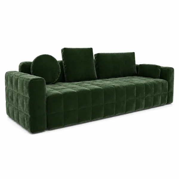 Deep Forest Green Velvet Sofa – Quilted Grid Upholstery 3D Model