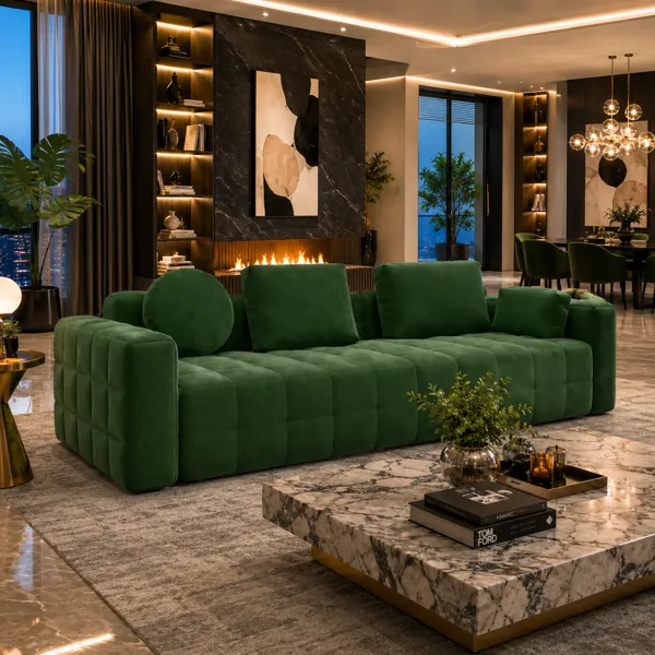 Deep Forest Green Velvet Sofa – Quilted Grid Upholstery 3D Model back