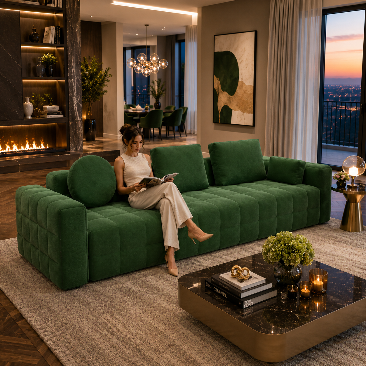 Deep Forest Green Velvet Sofa – Quilted Grid Upholstery 3D Model 4