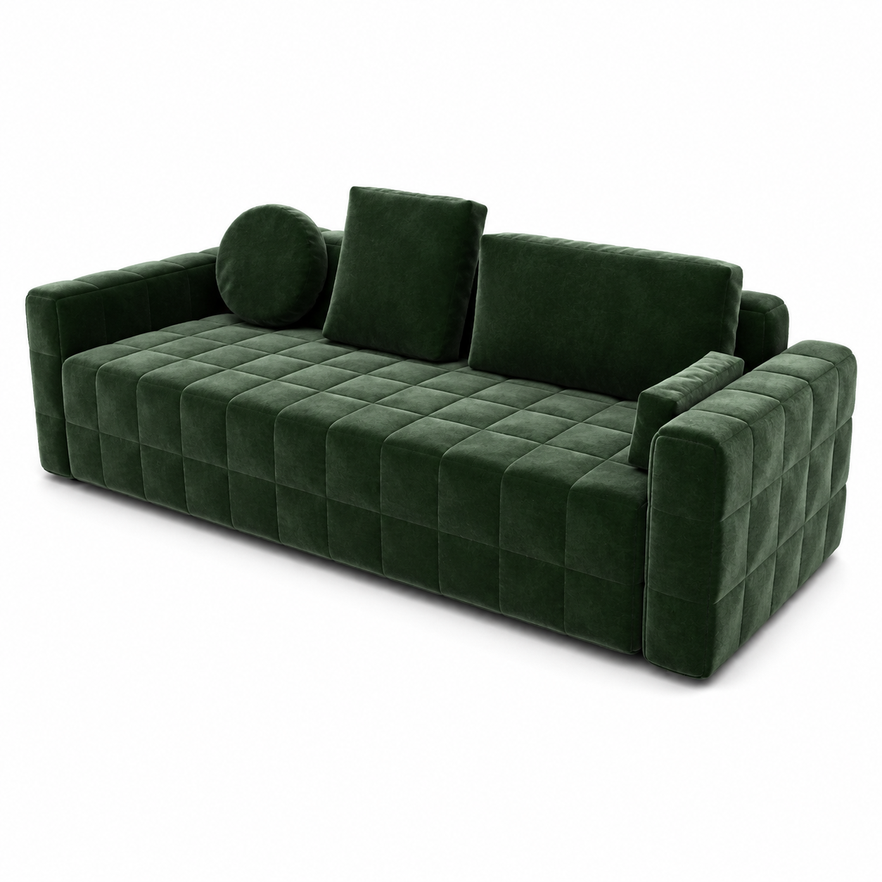 Deep Forest Green Velvet Sofa – Quilted Grid Upholstery 3D Model 3