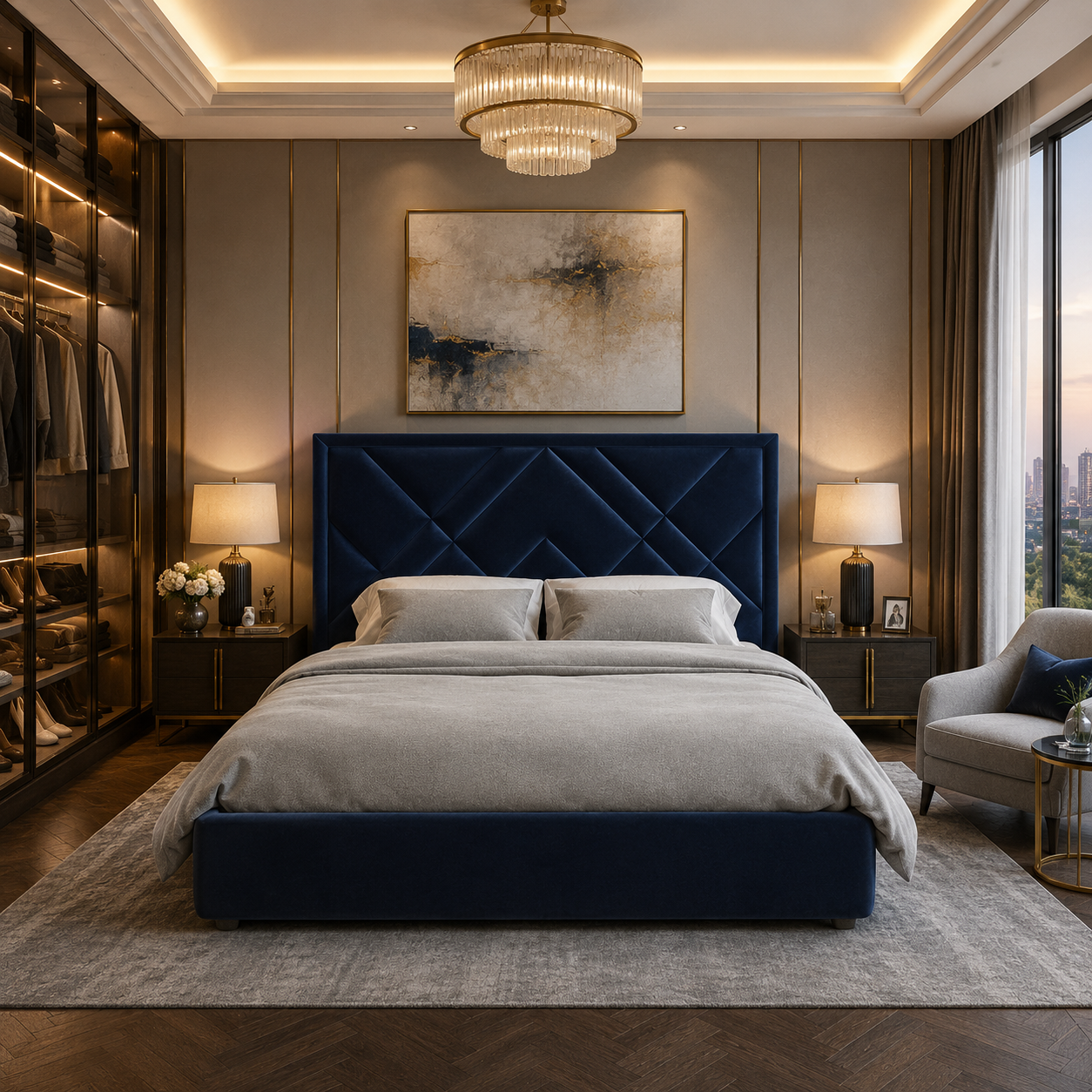 Deep Navy Geometric-Panel Velvet Upholstered Bed 3D Model 4