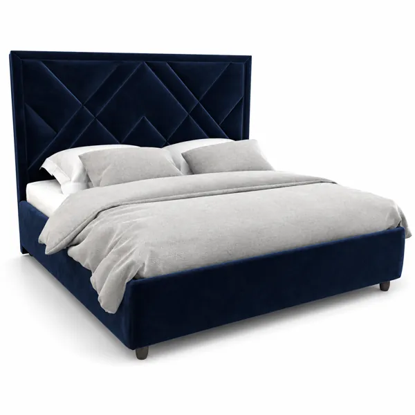 Deep Navy Geometric-Panel Velvet Upholstered Bed 3D Model