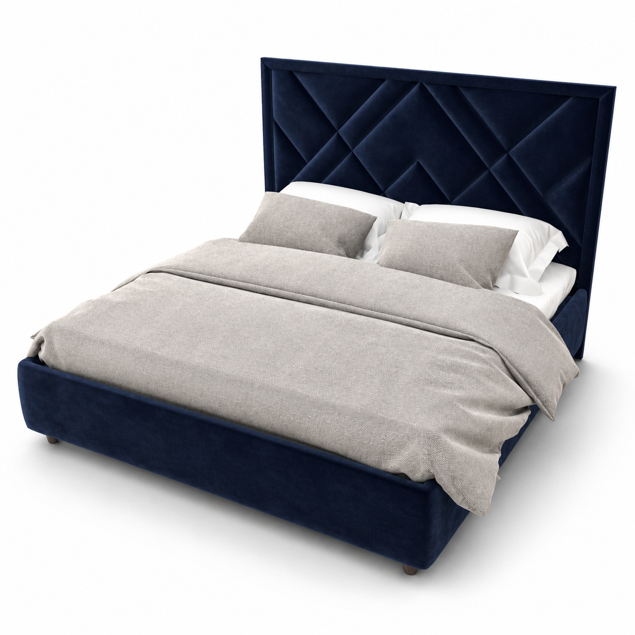 Deep Navy Geometric-Panel Velvet Upholstered Bed 3D Model 3