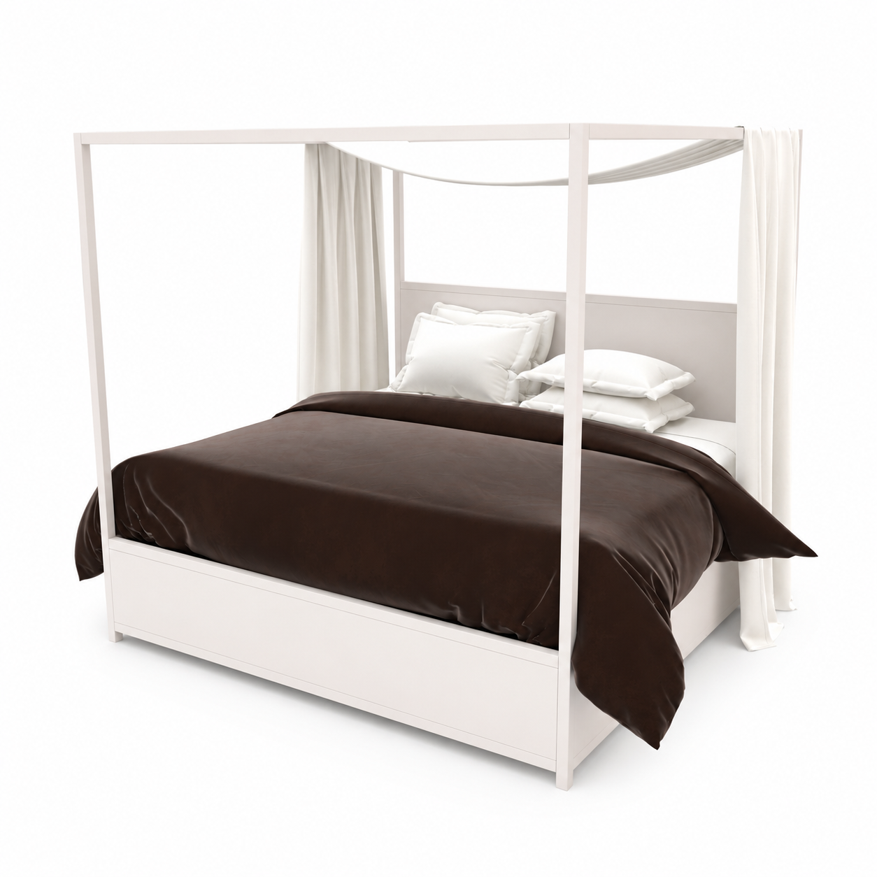 White Canopy Bed with Brown Draped Bedding 3D Model 3