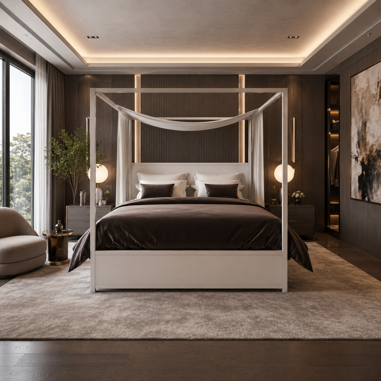 White Canopy Bed with Brown Draped Bedding 3D Model 4