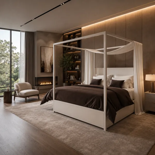 White Canopy Bed with Brown Draped Bedding 3D Model back
