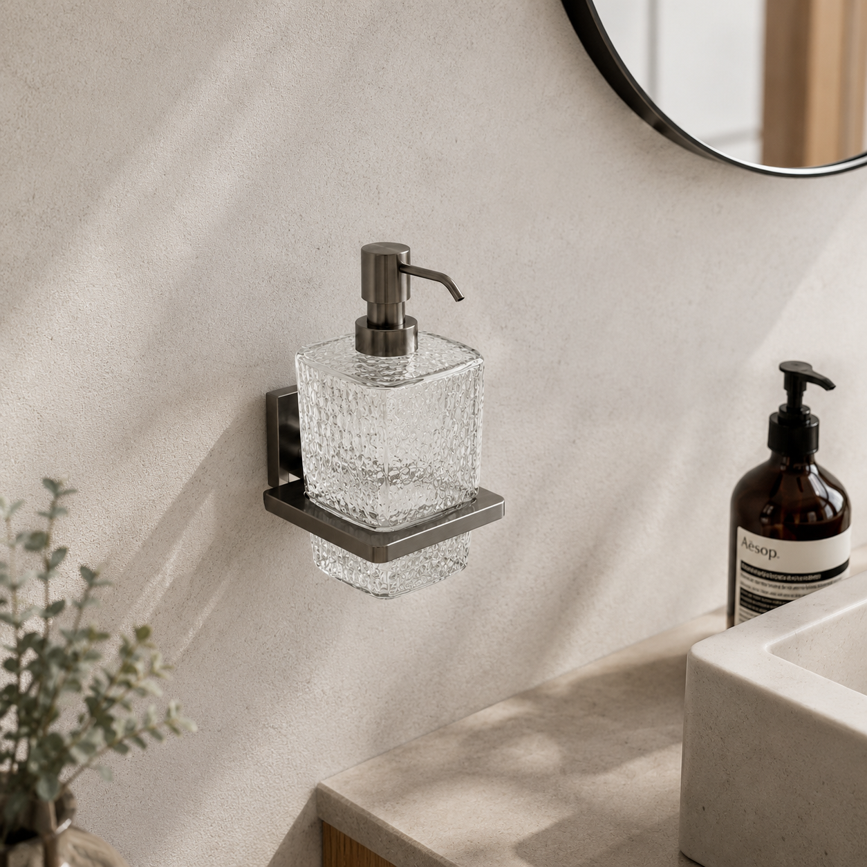 Textured Glass Soap Dispenser – Brushed Metal Mount 3D Model 3