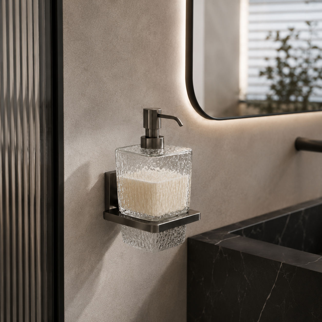 Textured Glass Soap Dispenser – Brushed Metal Mount 3D Model 2