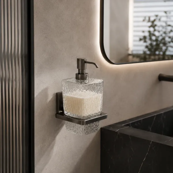 Textured Glass Soap Dispenser – Brushed Metal Mount 3D Model back