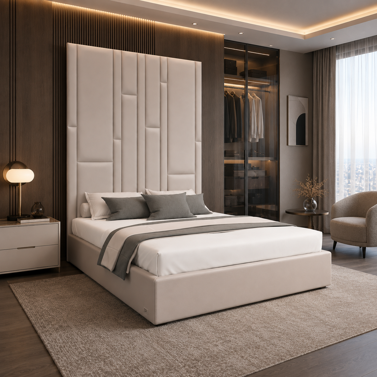 Beige Upholstered Bed with Tall Vertical Panel Headboard 3D Model 4