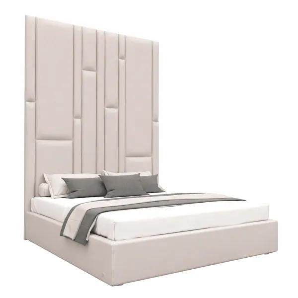 Beige Upholstered Bed with Tall Vertical Panel Headboard 3D Model