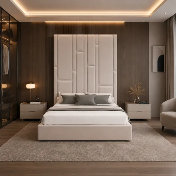 Beige Upholstered Bed with Tall Vertical Panel Headboard 3D Model back