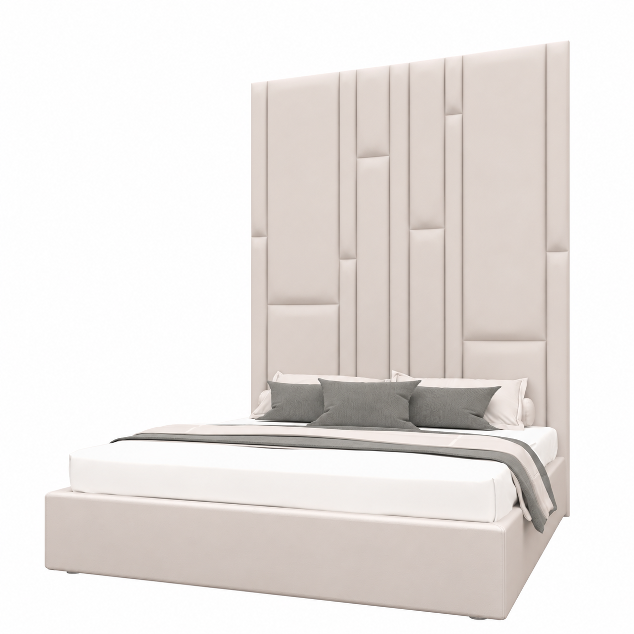 Beige Upholstered Bed with Tall Vertical Panel Headboard 3D Model 3