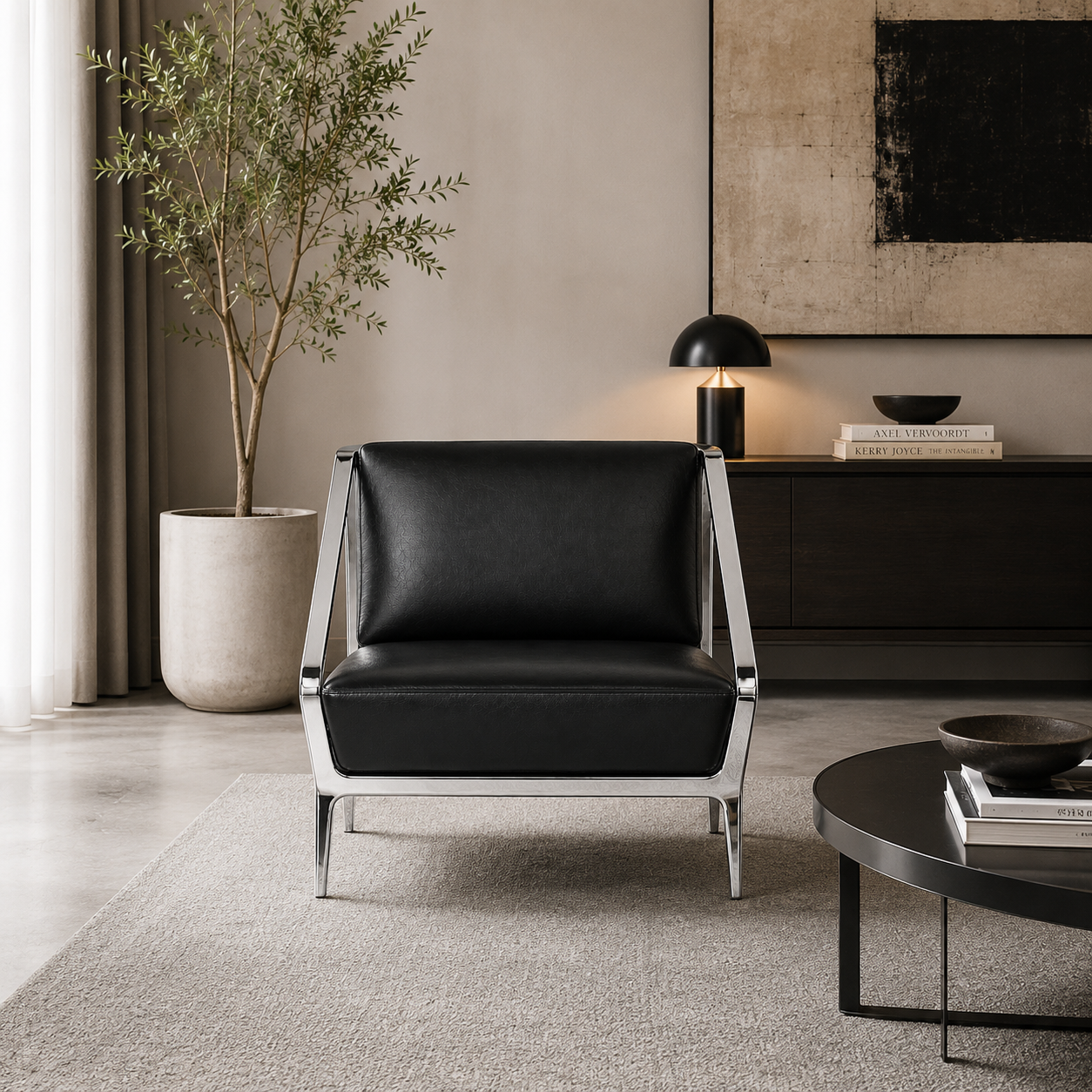 Modern Black Leather Lounge Armchair with Chrome Frame 3D Model 4