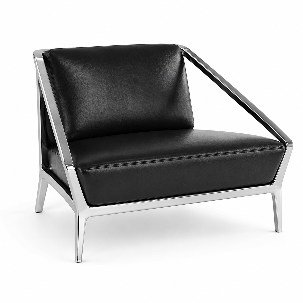 Modern Black Leather Lounge Armchair with Chrome Frame 3D Model 1