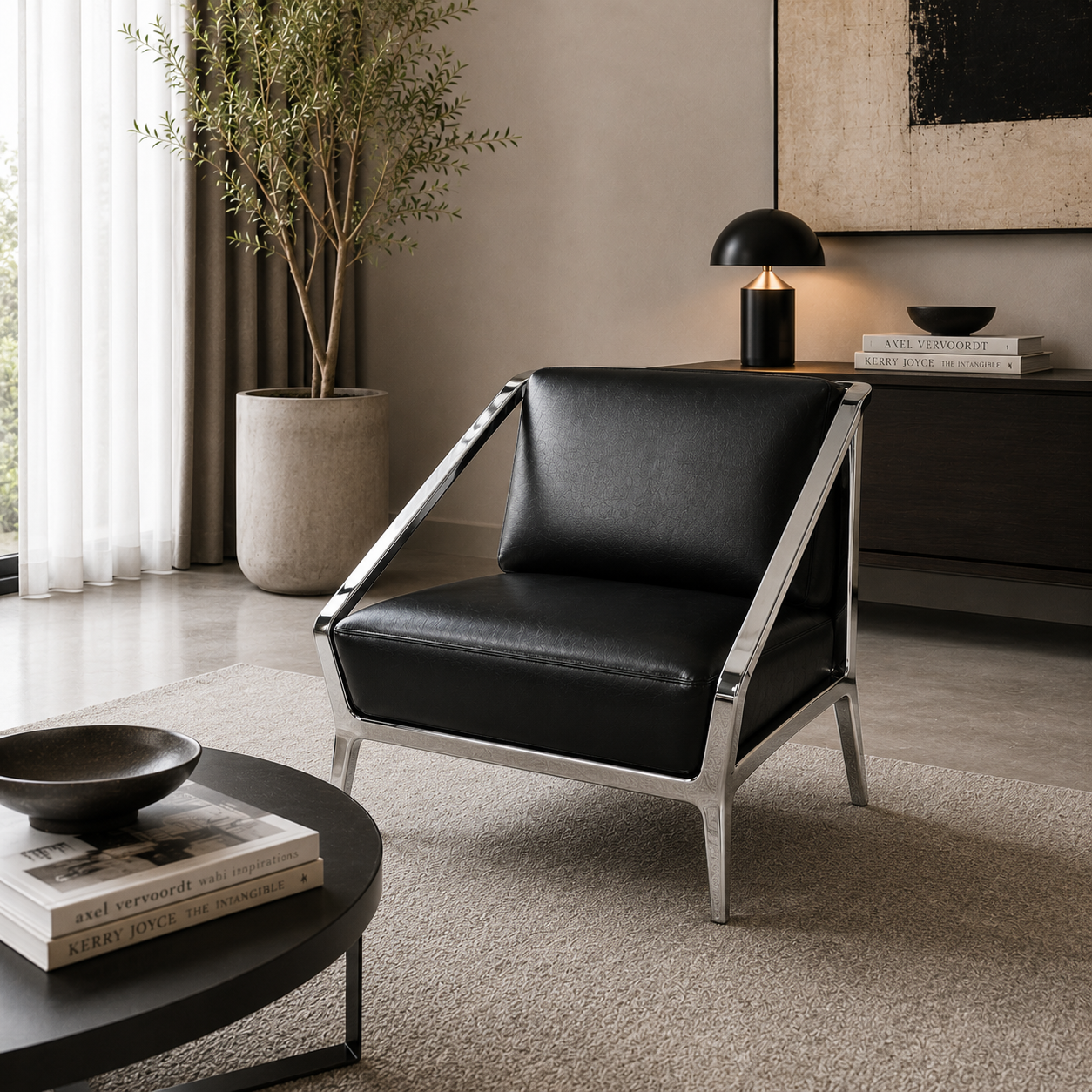 Modern Black Leather Lounge Armchair with Chrome Frame 3D Model 2