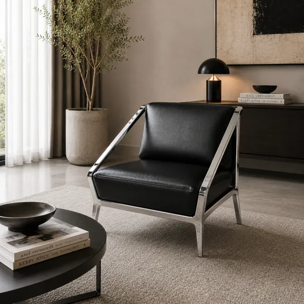 Modern Black Leather Lounge Armchair with Chrome Frame 3D Model back