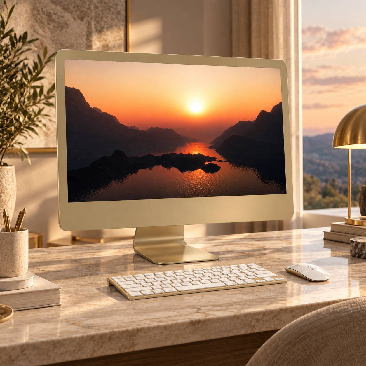 Gold All-in-One Desktop Computer Set 3D Model 2