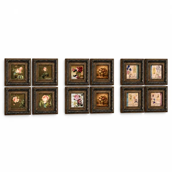 Vintage Dark Wood Floral Painting Set 3D Model