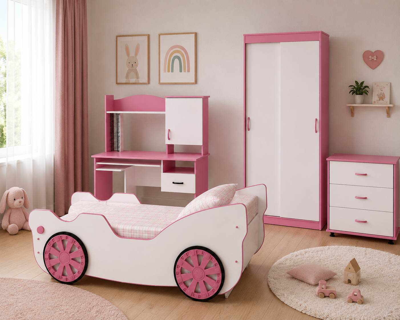 Modern Kids Furniture Set – Pink & White Car Bed Collection 3D Model 2