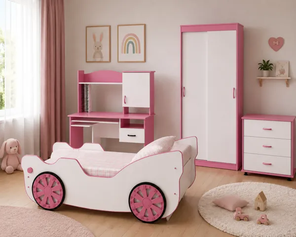 Modern Kids Furniture Set – Pink & White Car Bed Collection 3D Model back