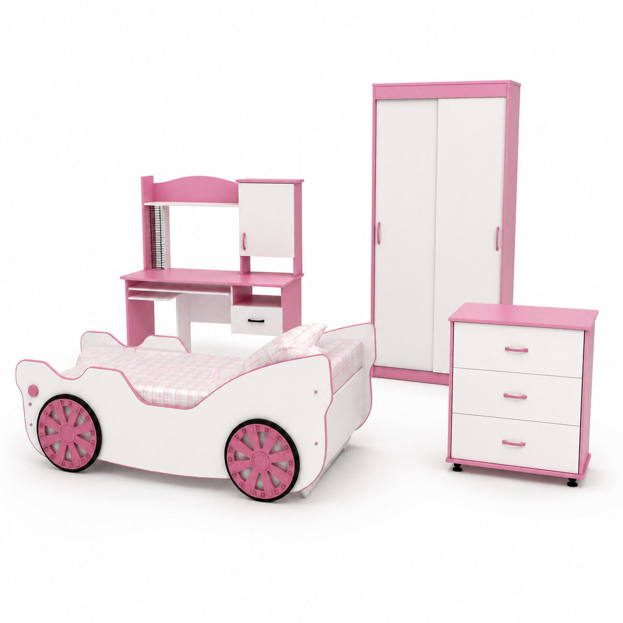 Modern Kids Furniture Set – Pink & White Car Bed Collection 3D Model 1