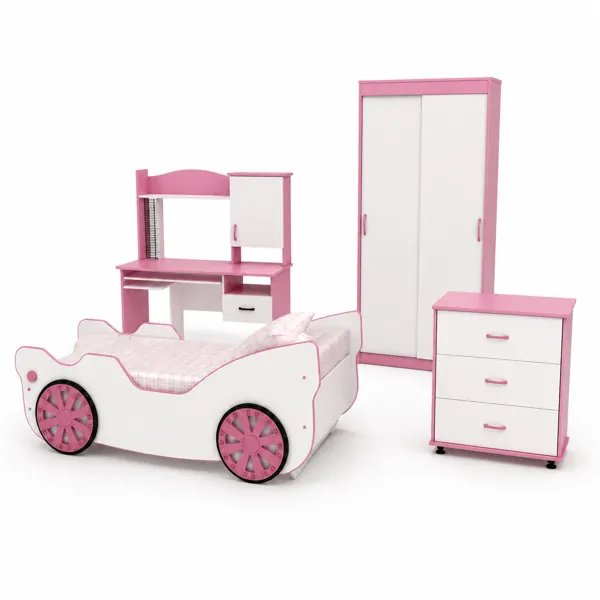 Modern Kids Furniture Set – Pink & White Car Bed Collection 3D Model