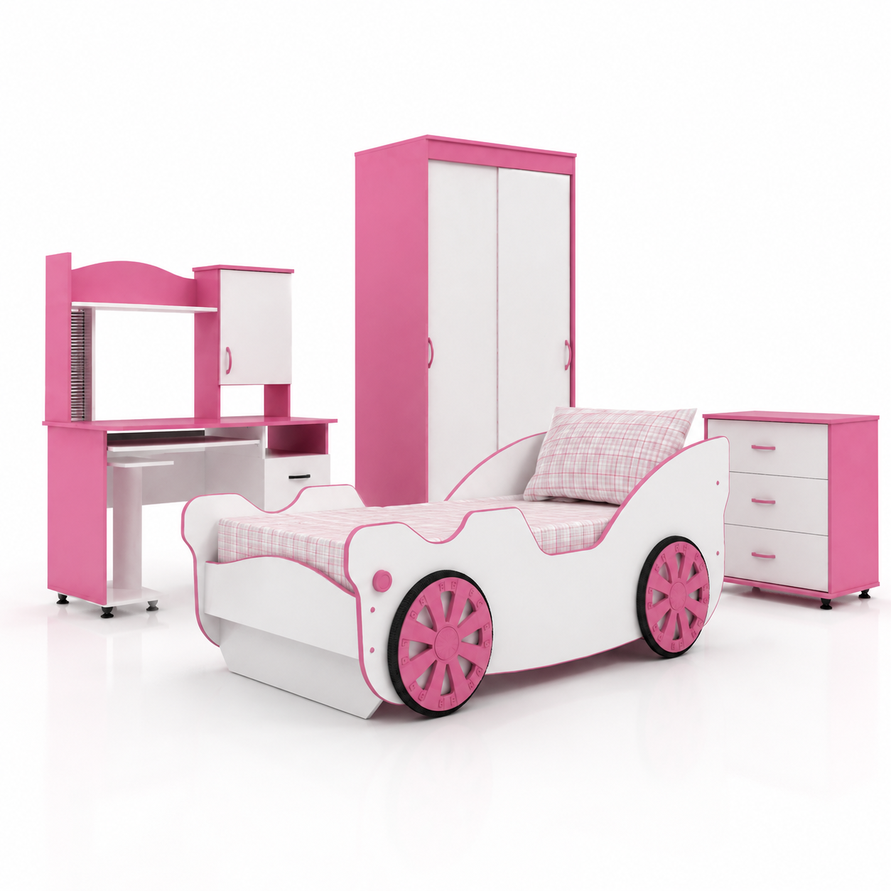 Modern Kids Furniture Set – Pink & White Car Bed Collection 3D Model 3