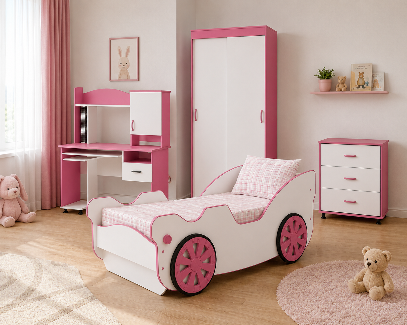 Modern Kids Furniture Set – Pink & White Car Bed Collection 3D Model 4