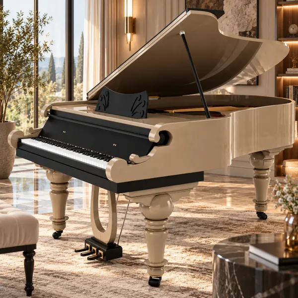 Elegant Beige Grand Piano 3D Model back
