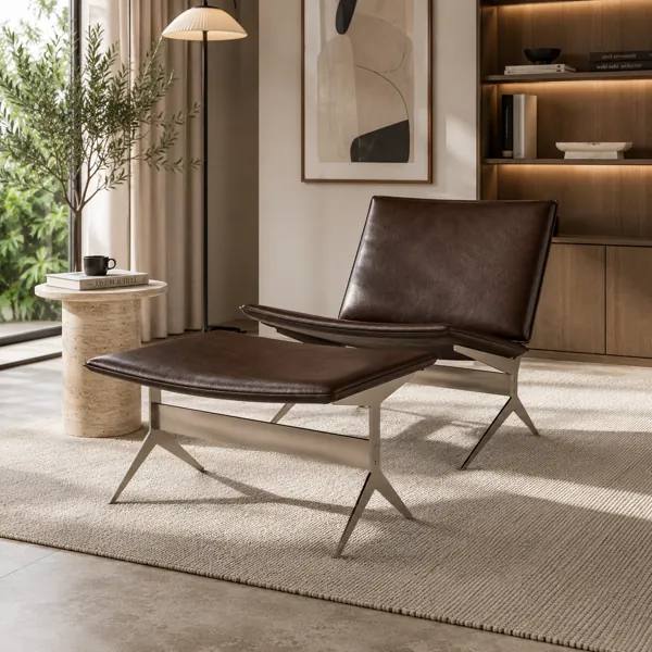 Dark Brown Leather Lounge Chair – Brushed Metal Frame 3D Model back