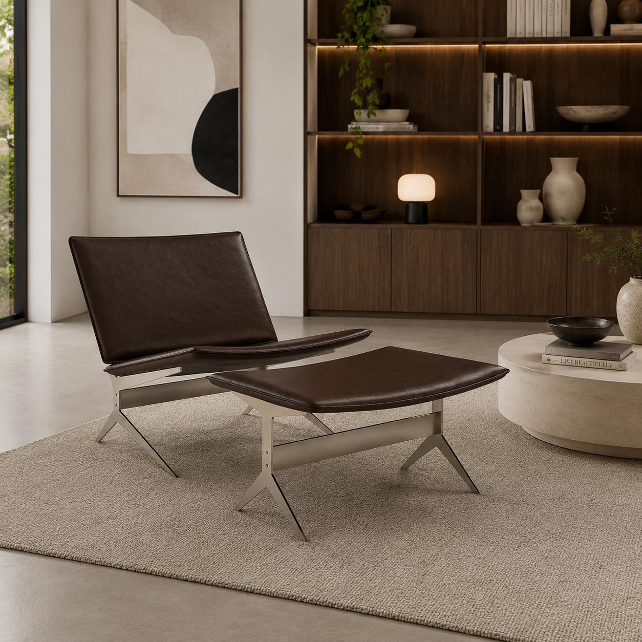 Dark Brown Leather Lounge Chair – Brushed Metal Frame 3D Model 3