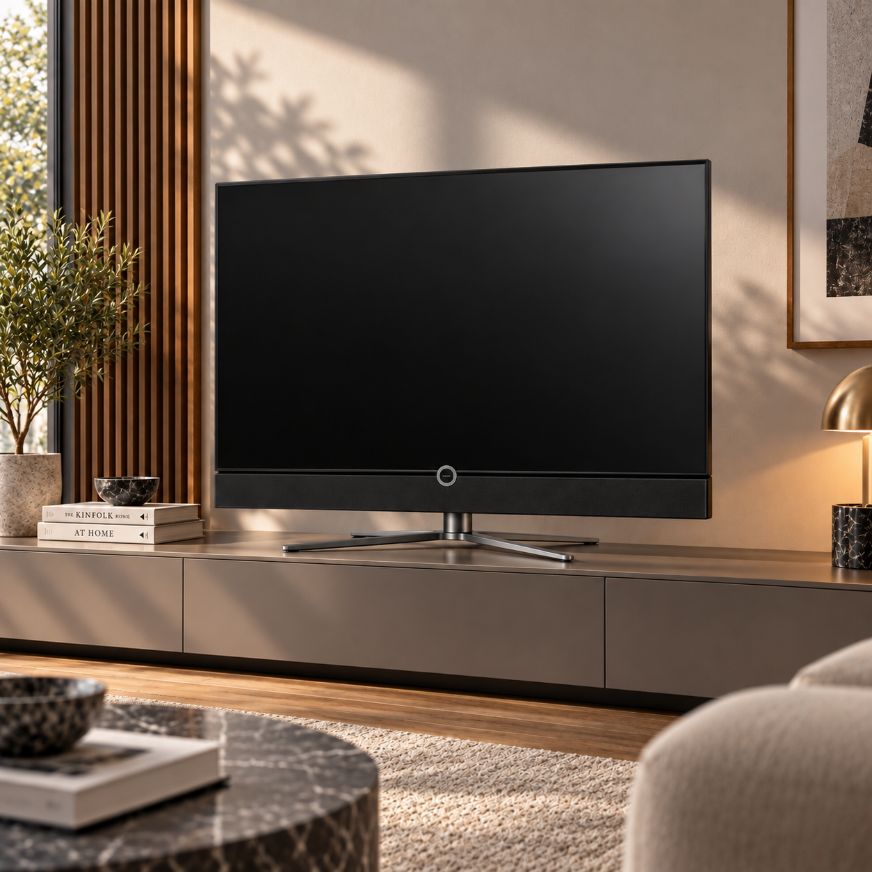 Black TV with Lower Speaker Grille and Cross Stand 3D Model 4