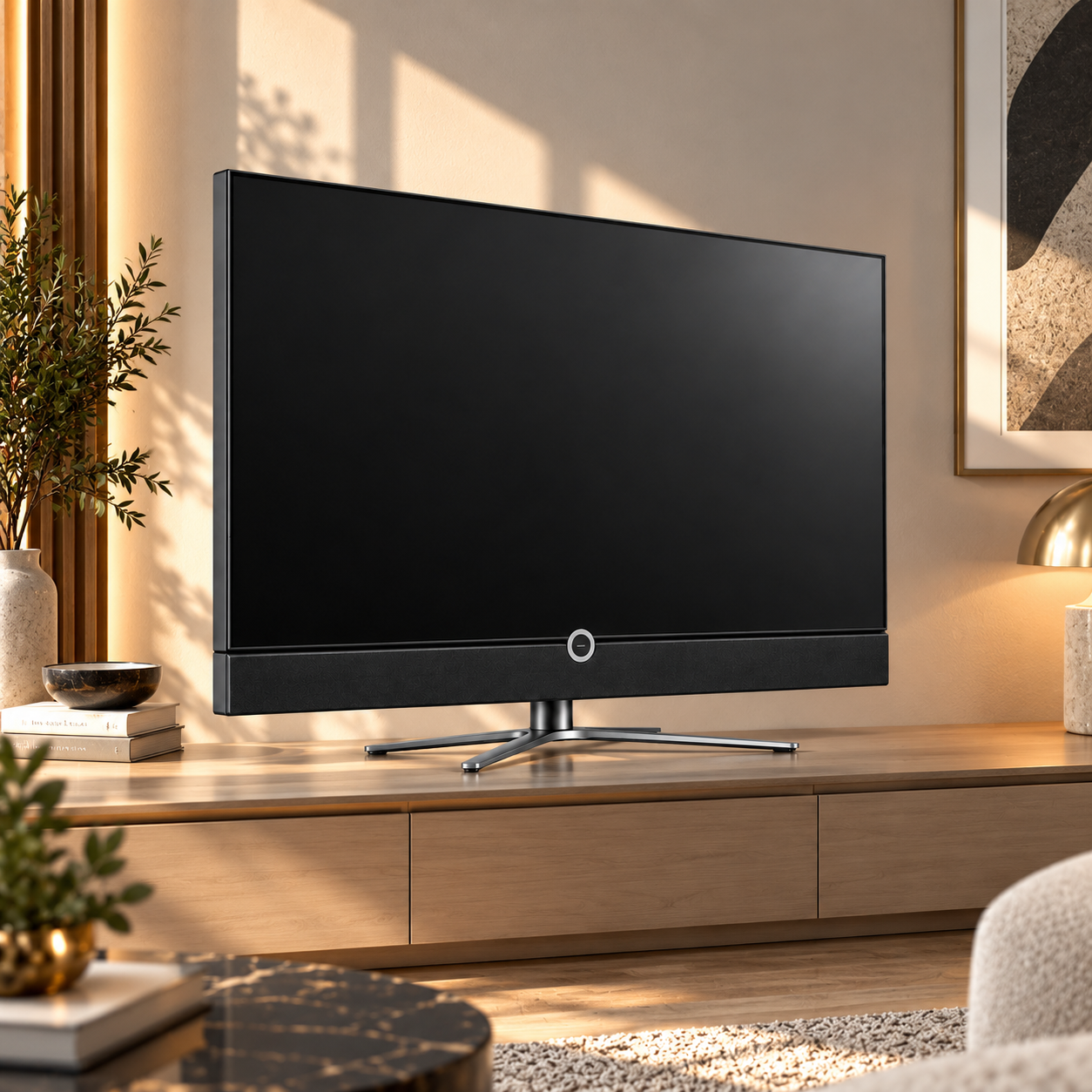 Black TV with Lower Speaker Grille and Cross Stand 3D Model 2